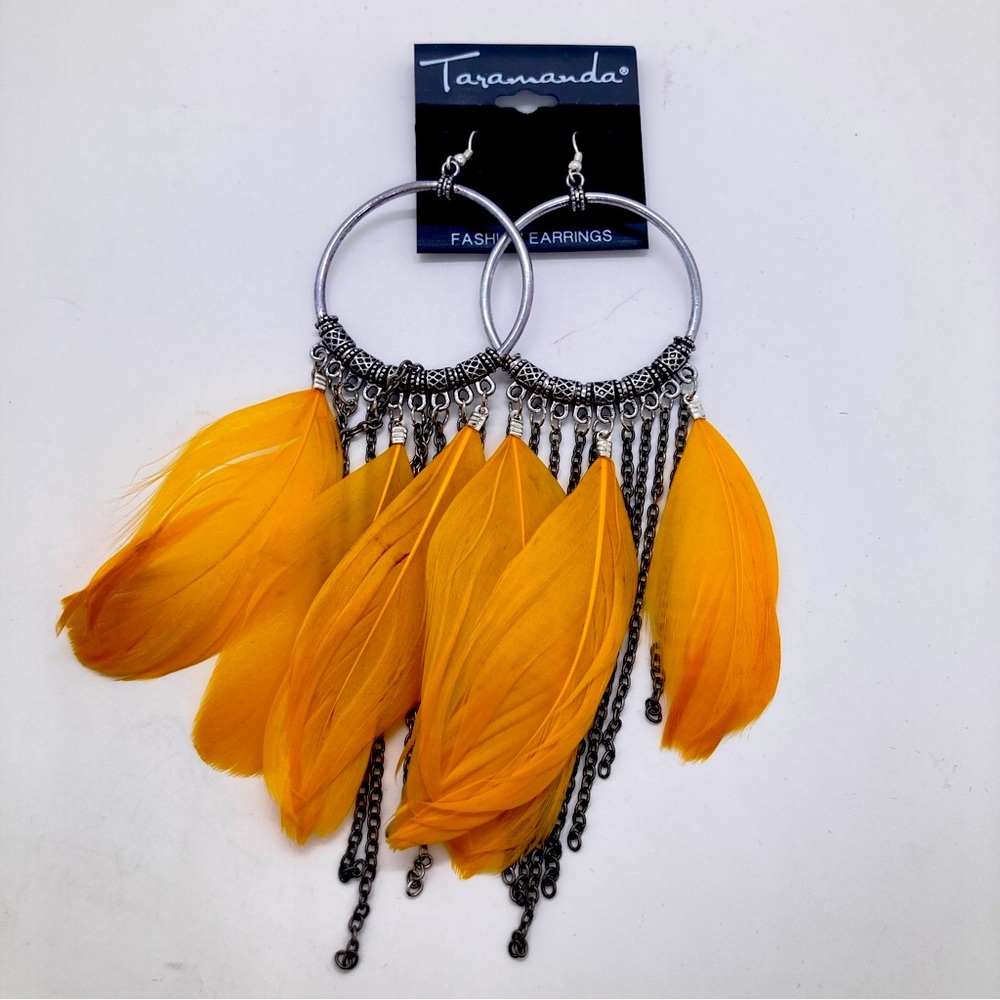 Taramanda Yellow Feather Silver Tone Dangle Earrings